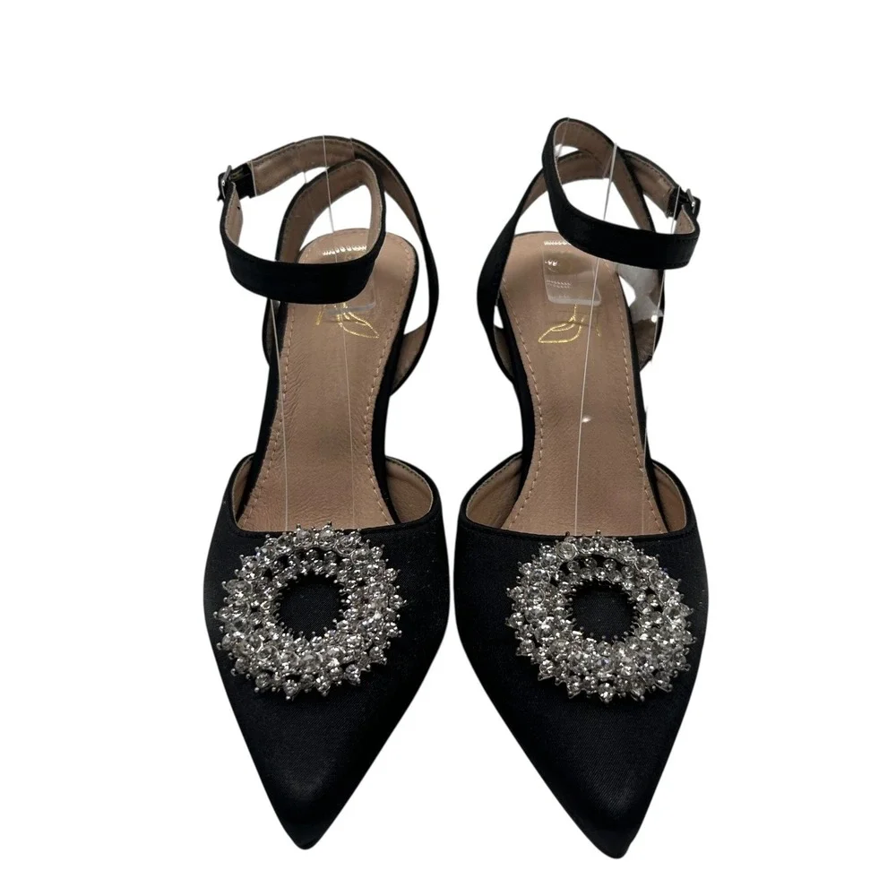 NEW‎ Allegra K Ankle Strap Heels Womens 7 Black Rhinestone Pointed Toe Pumps